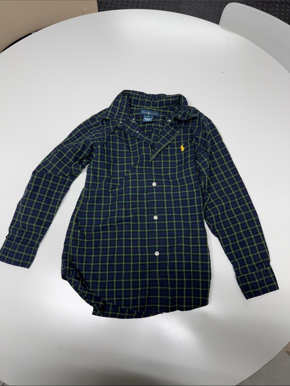 Ralph Lauren Polo Boys Navy Plaid Button-Up with Green Windowpane
